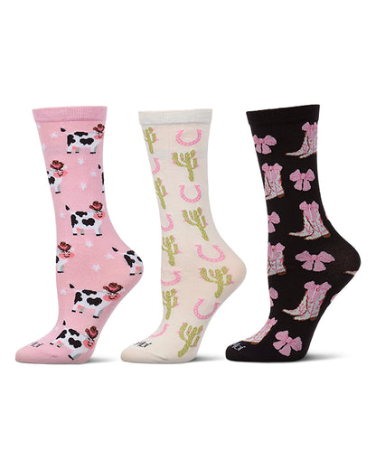3 Pair "Cowgirls Just Wanna Have Fun" Rayon-Blend Crew Socks Gift Set