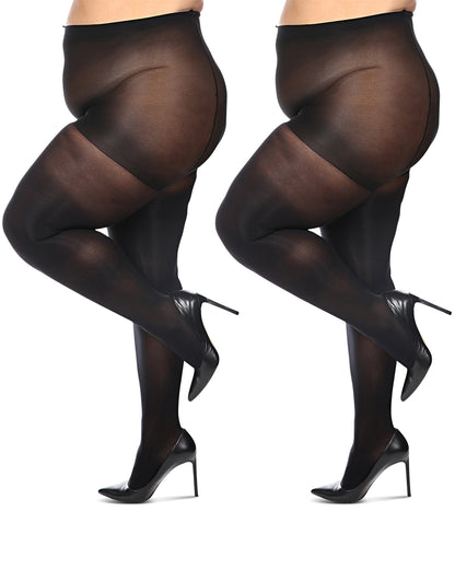 Women's Curvy 2 Pair Pack Solid Control Top Tights : Color: Black-Black