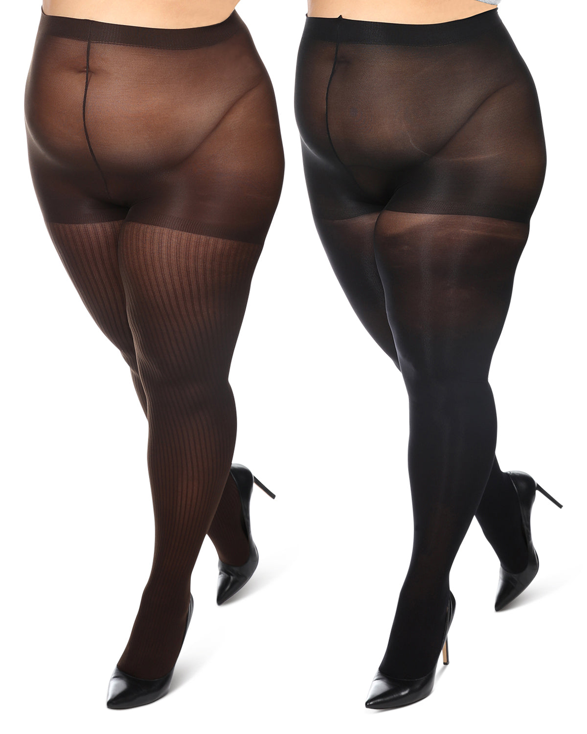 Women's Curvy 2 Pair Pack Flat Knit and Rib Control Top Tights : Color: Black-Black