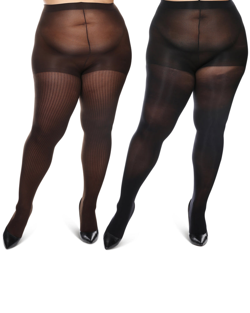 Women's Curvy 2 Pair Pack Flat Knit and Rib Control Top Tights