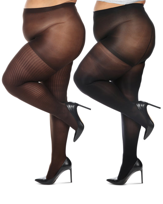 Women's Curvy 2 Pair Pack Flat Knit and Rib Control Top Tights : Color: Brown-Black