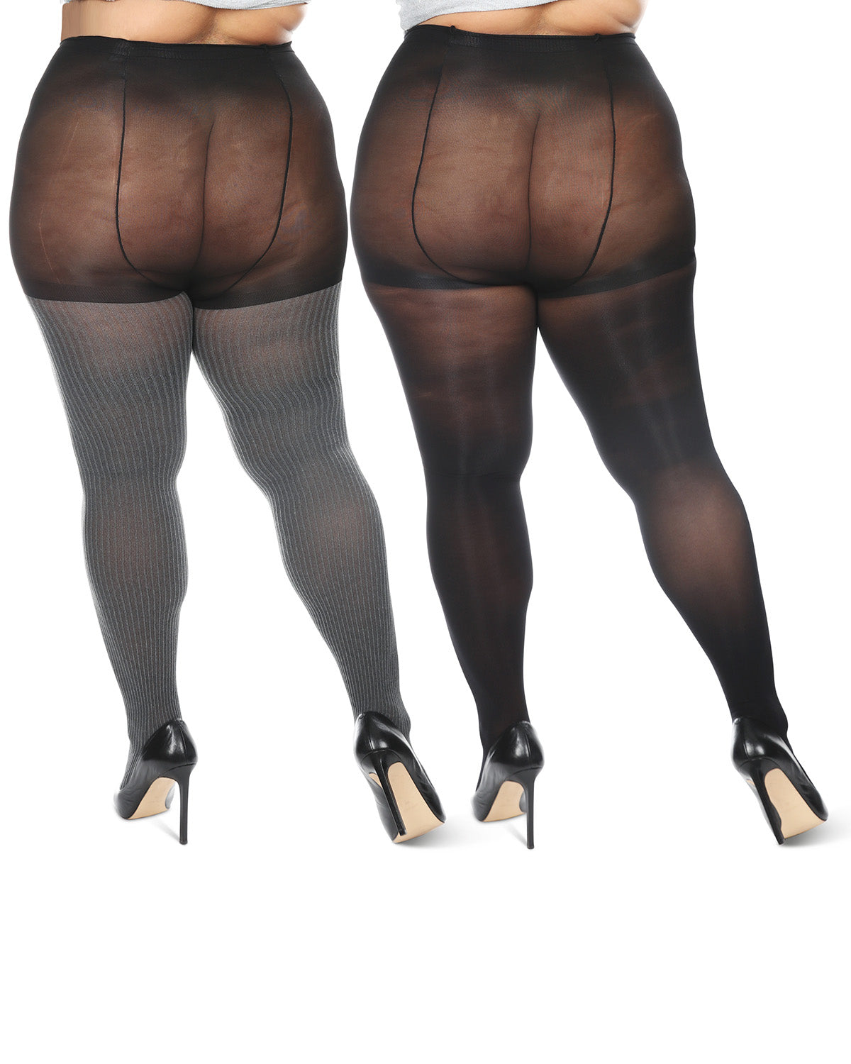 Women's Curvy 2 Pair Pack Flat Knit and Rib Control Top Tights : Color: Black-Black