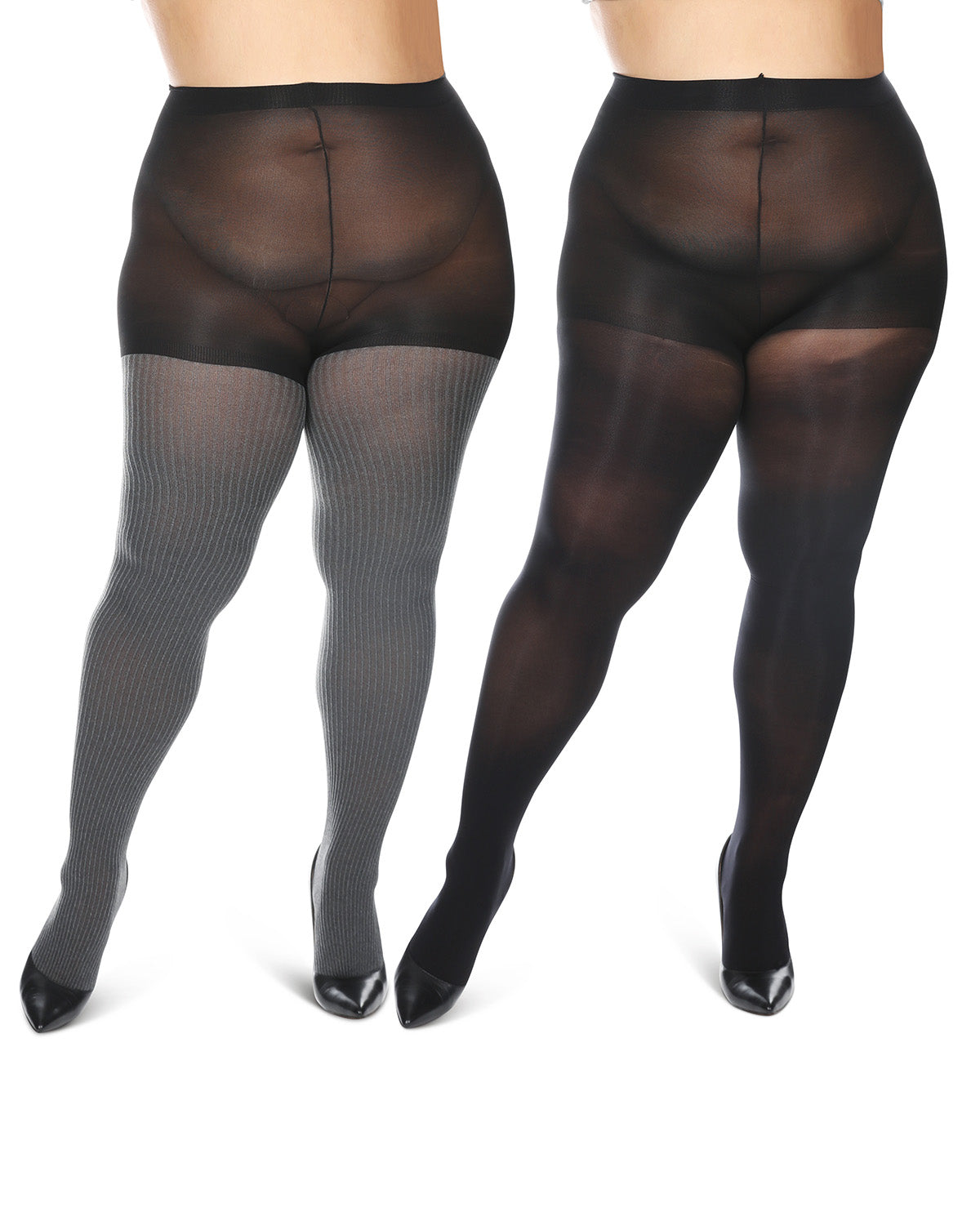 Women's Curvy 2 Pair Pack Flat Knit and Rib Control Top Tights : Color: Black-Black