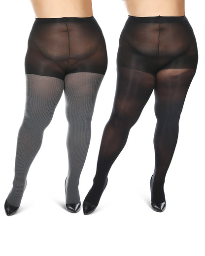 Women's Curvy 2 Pair Pack Flat Knit and Rib Control Top Tights : Color: Black-Black