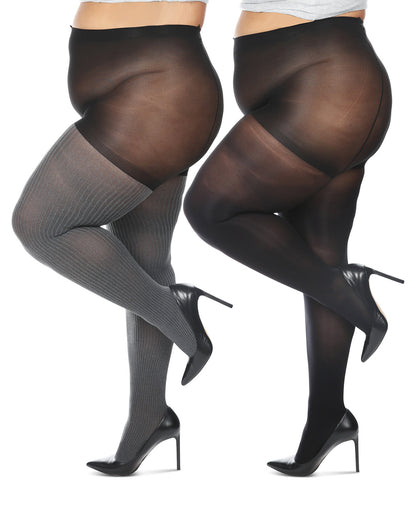Women's Curvy 2 Pair Pack Flat Knit and Rib Control Top Tights : Color: Gray Heather-Black