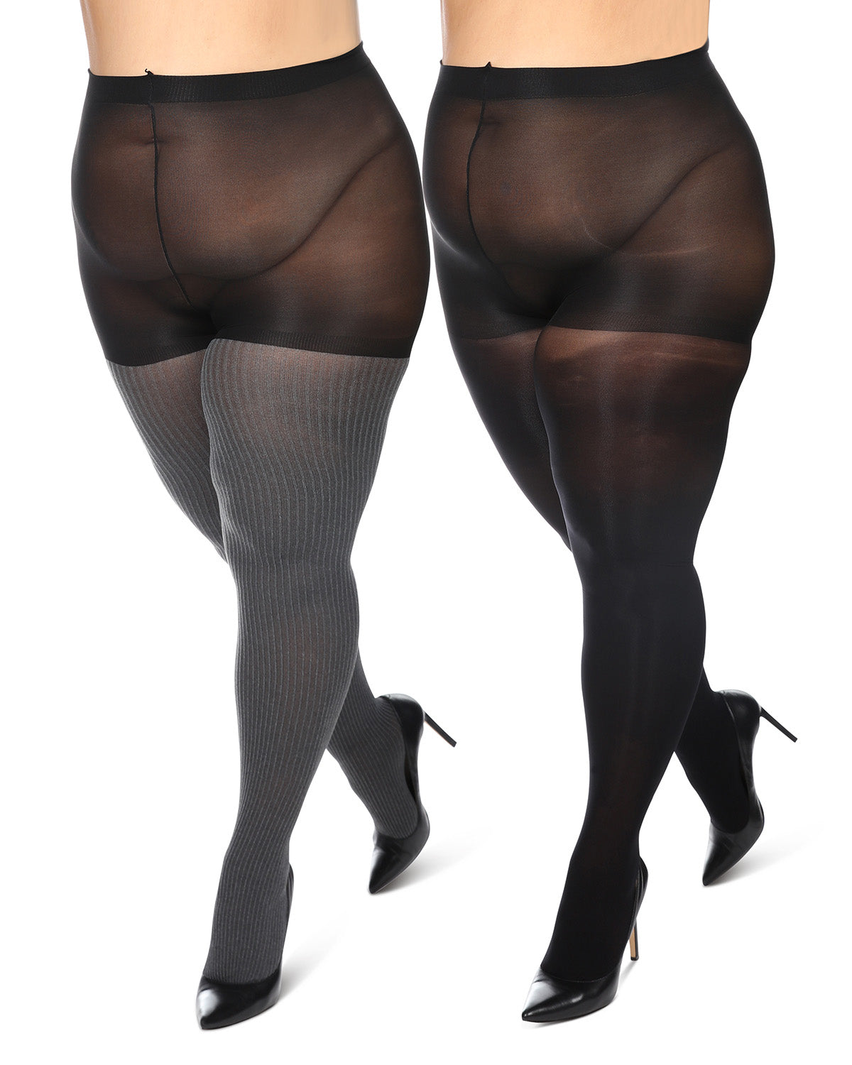 Women's Curvy 2 Pair Pack Flat Knit and Rib Control Top Tights : Color: Black-Black