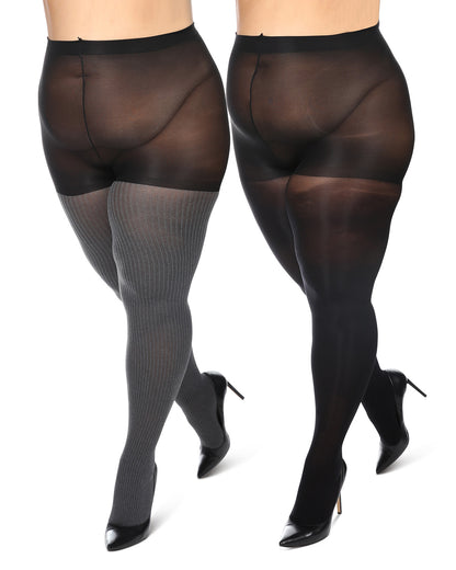 Women's Curvy 2 Pair Pack Flat Knit and Rib Control Top Tights : Color: Black-Black