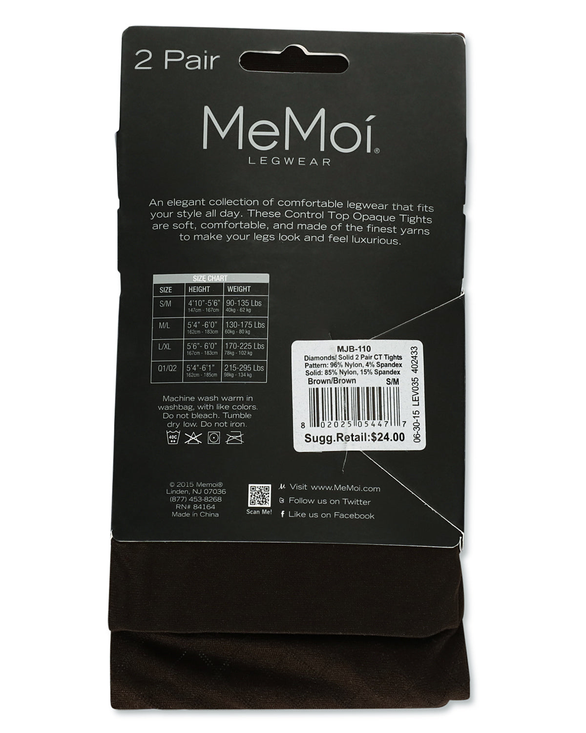 Diamonds/Solid 2 Pair Control Top Tights : Color: Black-Black