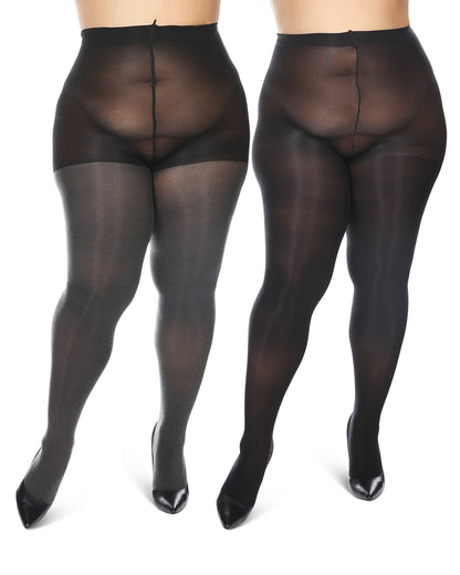 Women's 2 Pair Pack Heather/Solid Control Top Tights : Color: Brown Heather-Black
