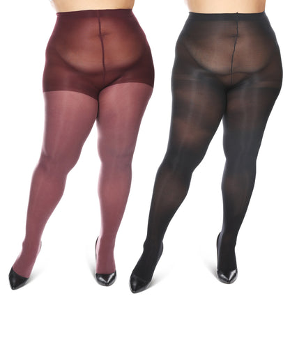 Women's 2 Pair Pack Heather/Solid Control Top Tights : Color: Brown Heather-Black
