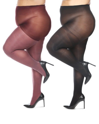 Women's 2 Pair Pack Heather/Solid Control Top Tights : Color: Burgundy Heather-Black