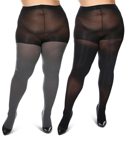 Women's 2 Pair Pack Heather/Solid Control Top Tights : Color: Brown Heather-Black