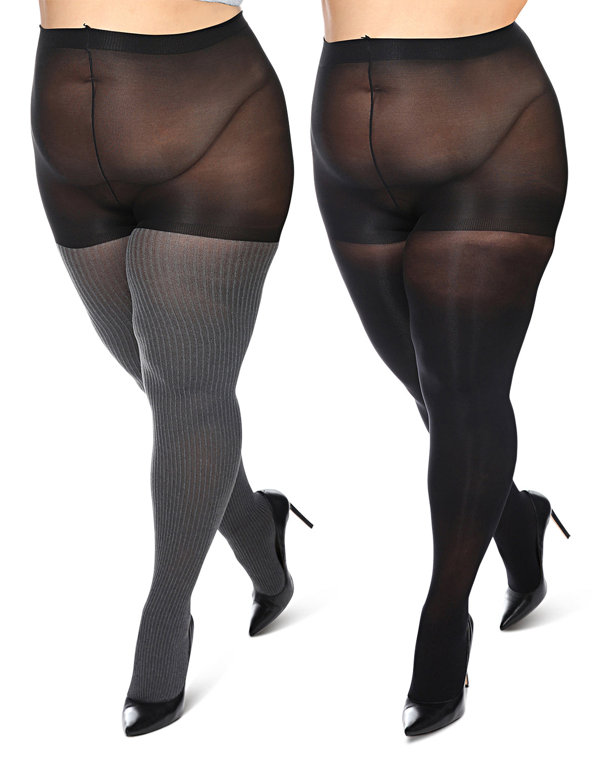 Women's 2 Pair Pack Heather/Solid Control Top Tights : Color: Brown Heather-Black