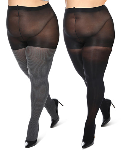 Women's 2 Pair Pack Heather/Solid Control Top Tights : Color: Brown Heather-Black