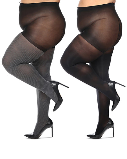 Women's 2 Pair Pack Heather/Solid Control Top Tights : Color: Gray Heather-Black