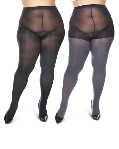 Women's 2 Pair Pack Heather/Solid Control Top Tights : Color: Brown Heather-Black