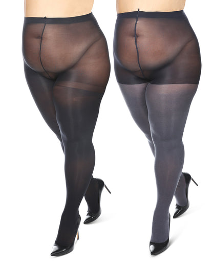 Women's 2 Pair Pack Heather/Solid Control Top Tights : Color: Brown Heather-Black