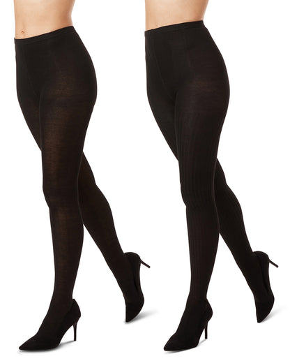 Women's 2 Pair Pack Rib/Solid Sweater Tights : Color: Black-Black