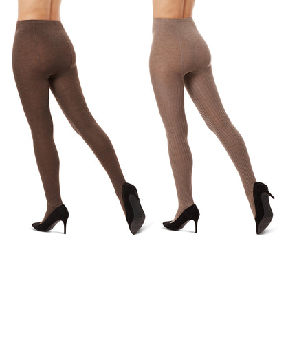 Women's 2 Pair Pack Rib/Solid Sweater Tights : Color: Taupe Heather-Brown