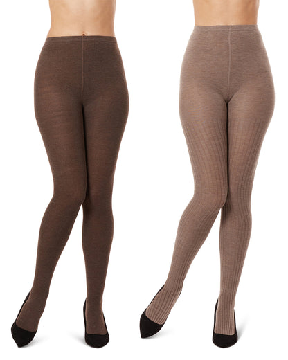 Women's 2 Pair Pack Rib/Solid Sweater Tights : Color: Taupe Heather-Brown
