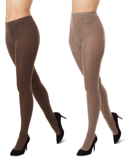 Women's 2 Pair Pack Rib/Solid Sweater Tights : Color: Taupe Heather-Brown