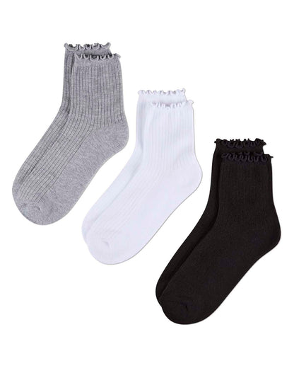 6 Pair Women's Ribbed Cotton-Rich Picot-Trimmed Quarter Socks
