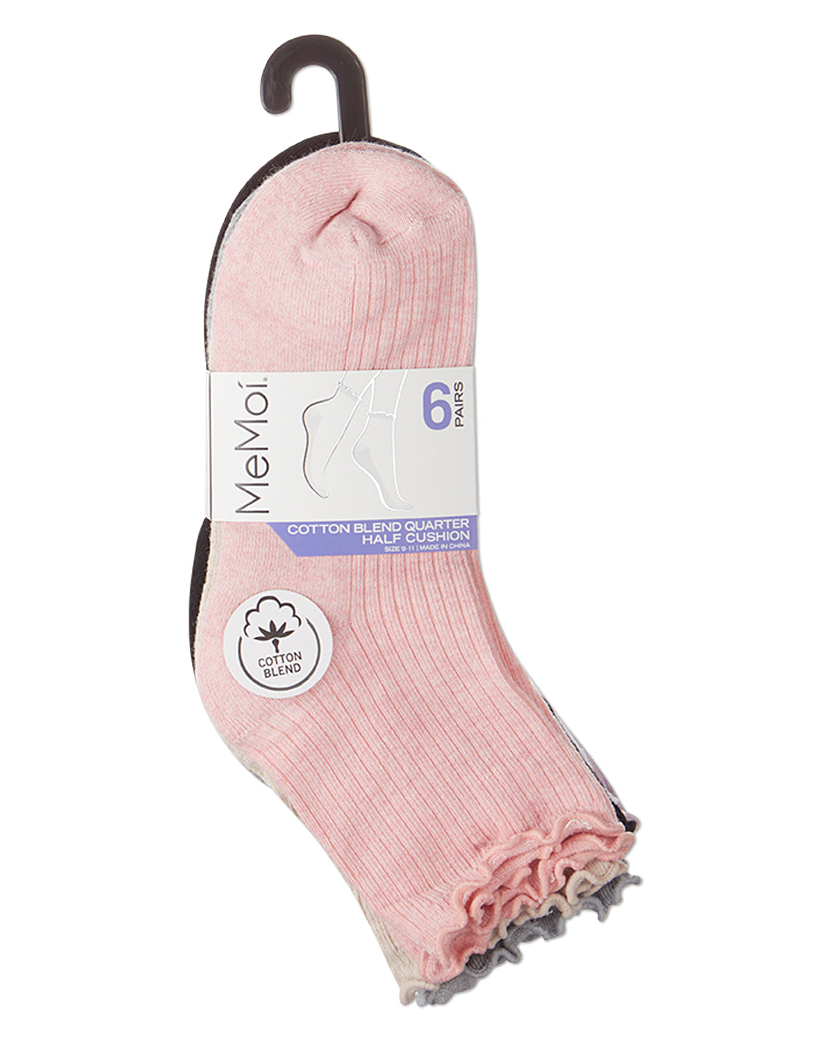 6 Pair Women's Ribbed Cotton-Rich Picot-Trimmed Quarter Socks