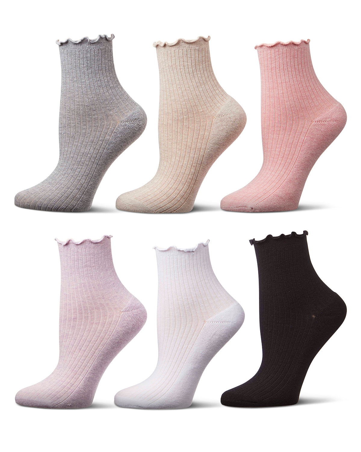6 Pair Women's Ribbed Cotton-Rich Picot-Trimmed Quarter Socks