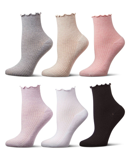 6 Pair Women's Ribbed Cotton-Rich Picot-Trimmed Quarter Socks