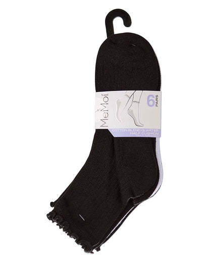 6 Pair Women's Ribbed Cotton-Rich Picot-Trimmed Quarter Socks