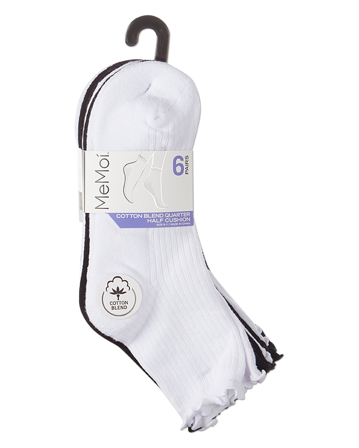 6 Pair Women's Ribbed Cotton-Rich Picot-Trimmed Quarter Socks