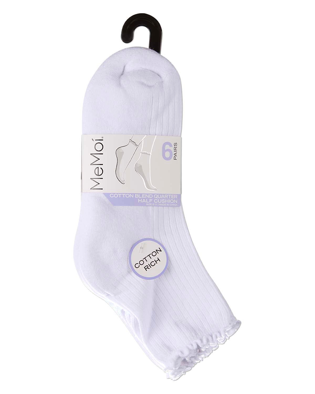 6 Pair Women's Ribbed Cotton-Rich Picot-Trimmed Quarter Socks