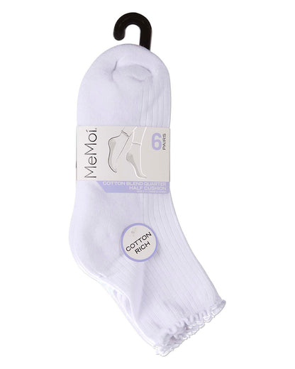 6 Pair Women's Ribbed Cotton-Rich Picot-Trimmed Quarter Socks