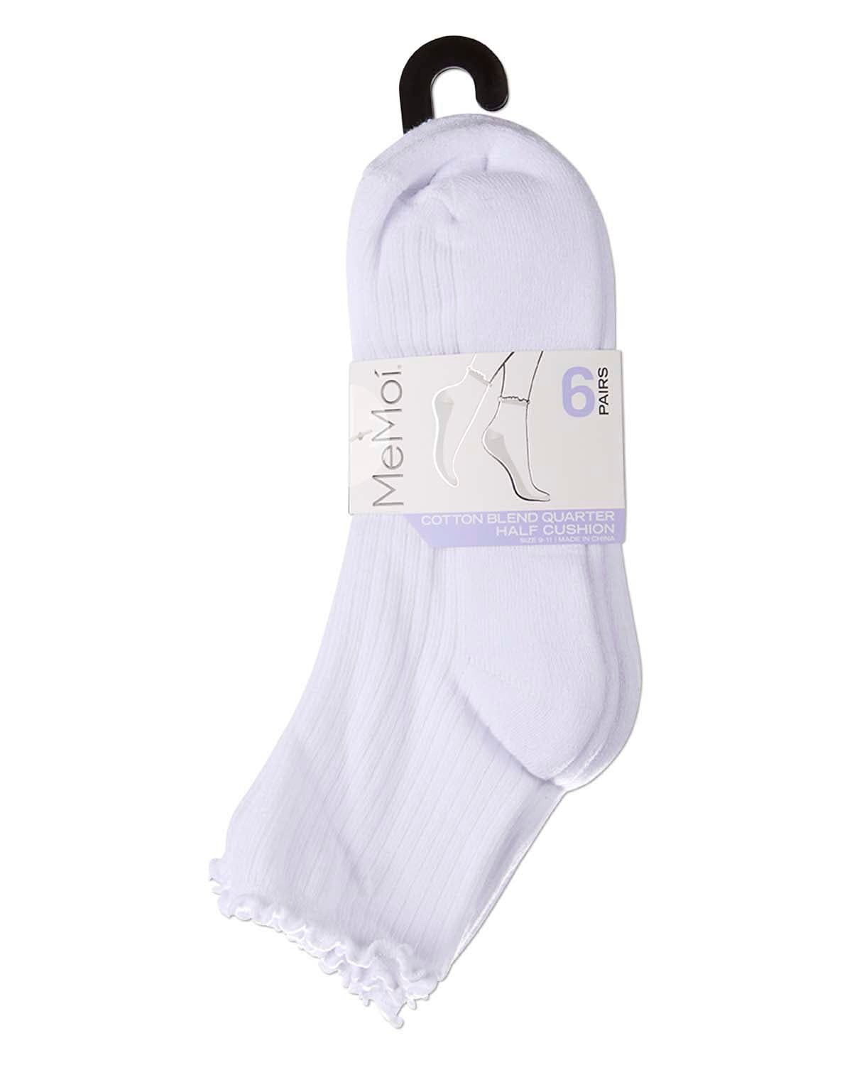 6 Pair Women's Ribbed Cotton-Rich Picot-Trimmed Quarter Socks
