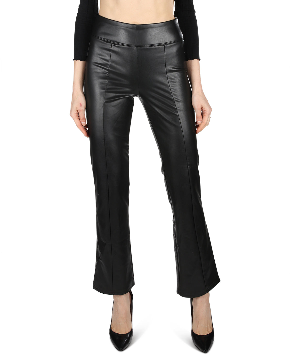 Women's Vegan Leather High-Waist Straight Leg Shaping Leggings : Color: Black