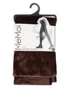 A pair of MeMoi velvet fashion leggings in dark brown, packaged on a black hanger with a white paper label showing the brand name and product details.