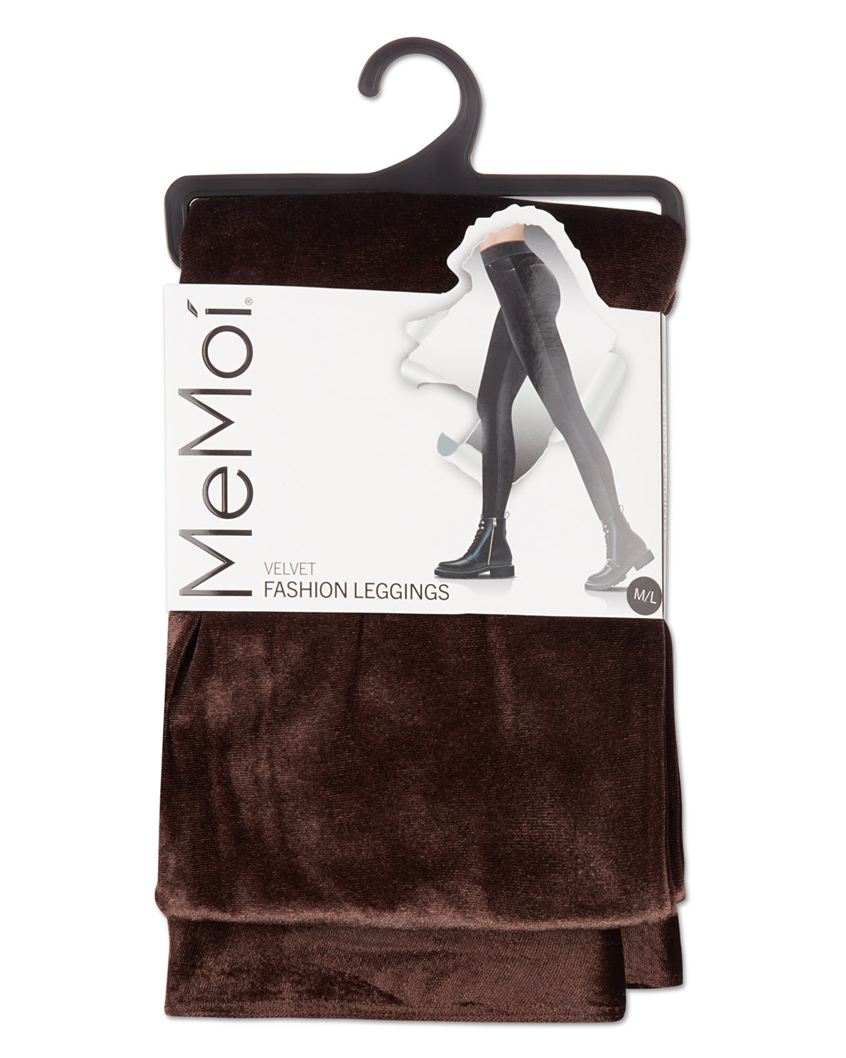 A pair of MeMoi velvet fashion leggings in dark brown, packaged on a black hanger with a white paper label showing the brand name and product details.