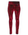 Red velvet skinny pants with a wide waistband, shown on a plain white background.