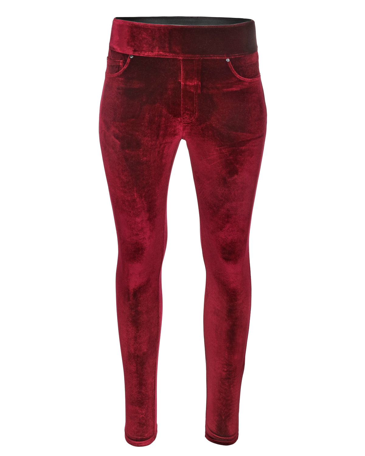 Red velvet skinny pants with a wide waistband, shown on a plain white background.