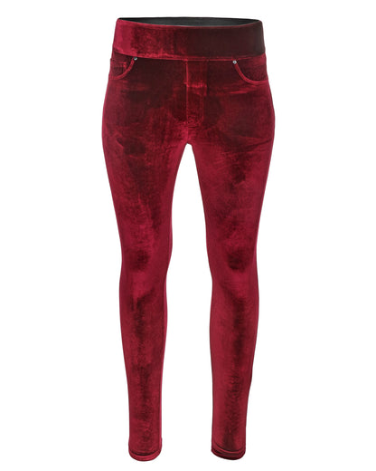 Red velvet skinny pants with a wide waistband, shown on a plain white background.