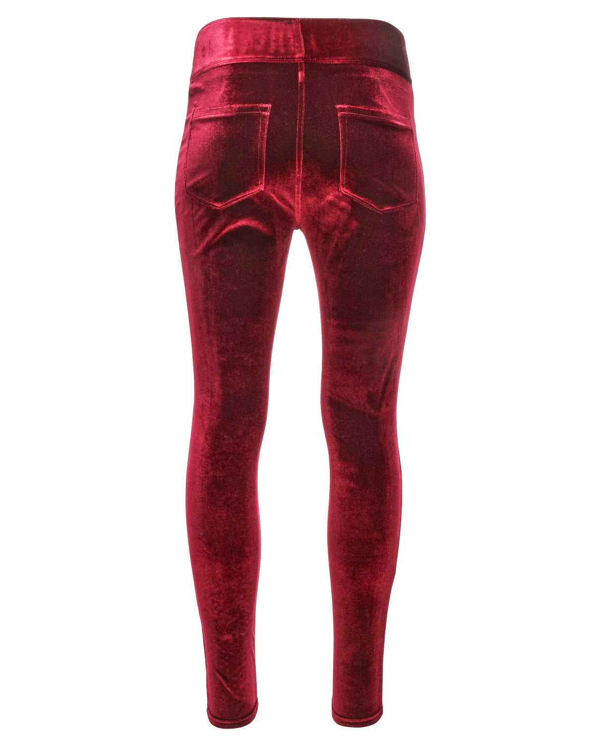 Red velvet high-waisted leggings with a back pocket design, shown from the back on a white background.