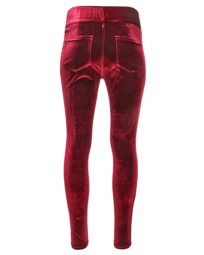 Red velvet high-waisted leggings with a back pocket design, shown from the back on a white background.