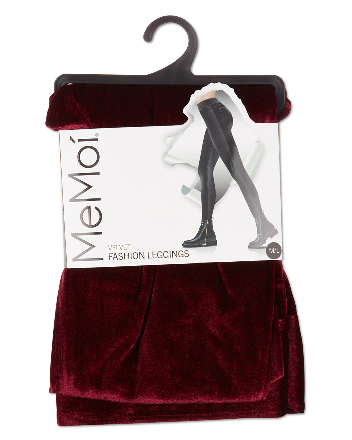 A pair of MeMoi velvet fashion leggings in deep burgundy, packaged on a black plastic hanger with a white paper label showing the brand name and a model wearing them.