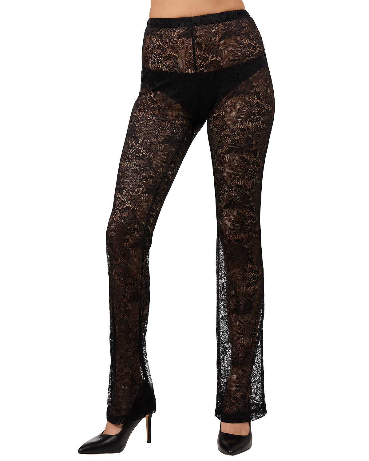 Women's Sheer Floral Lace Slightly Flared Legging : Color: Black