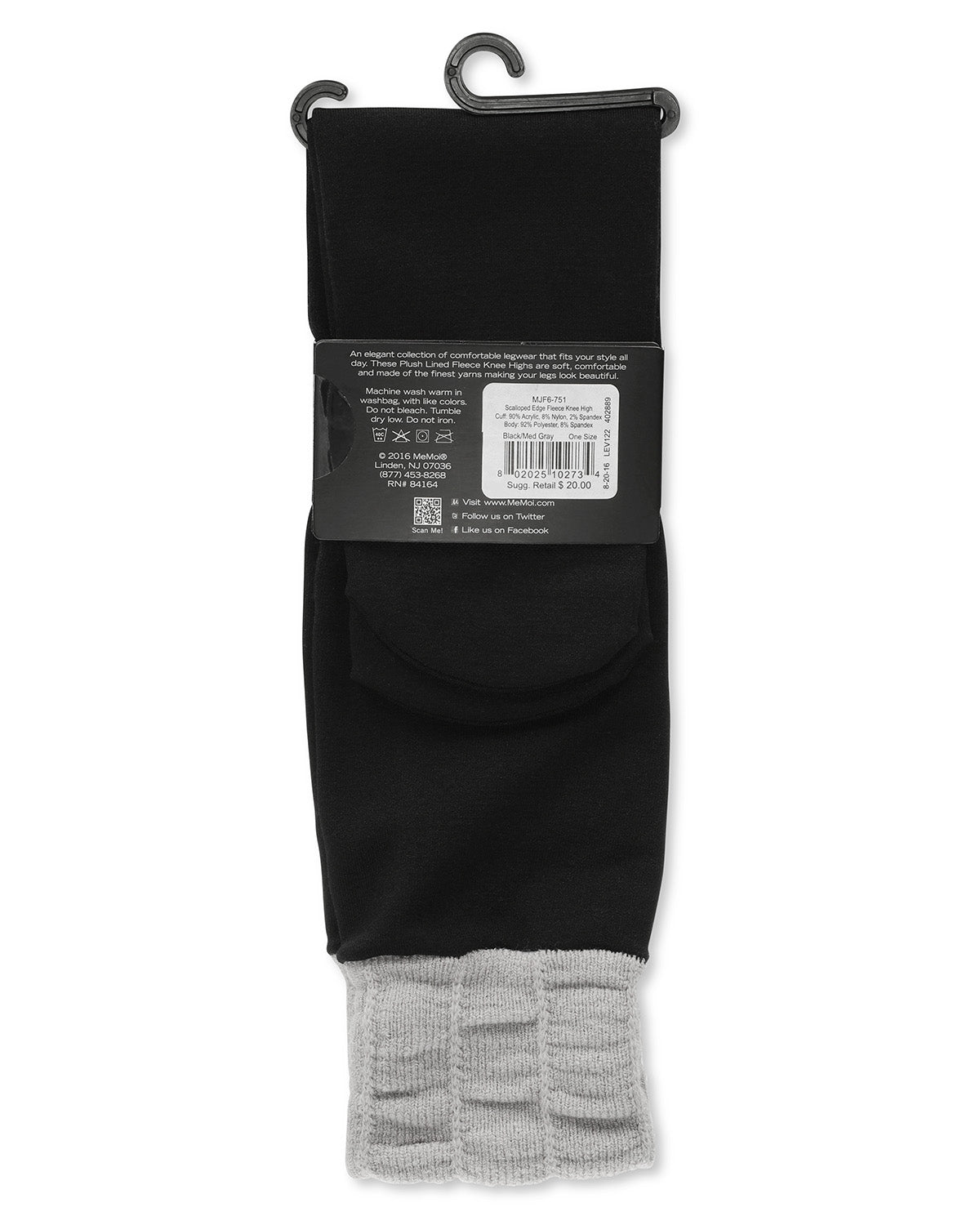 Scalloped Edge Fleece Knee High Socks : Color: Black-Med Gray
