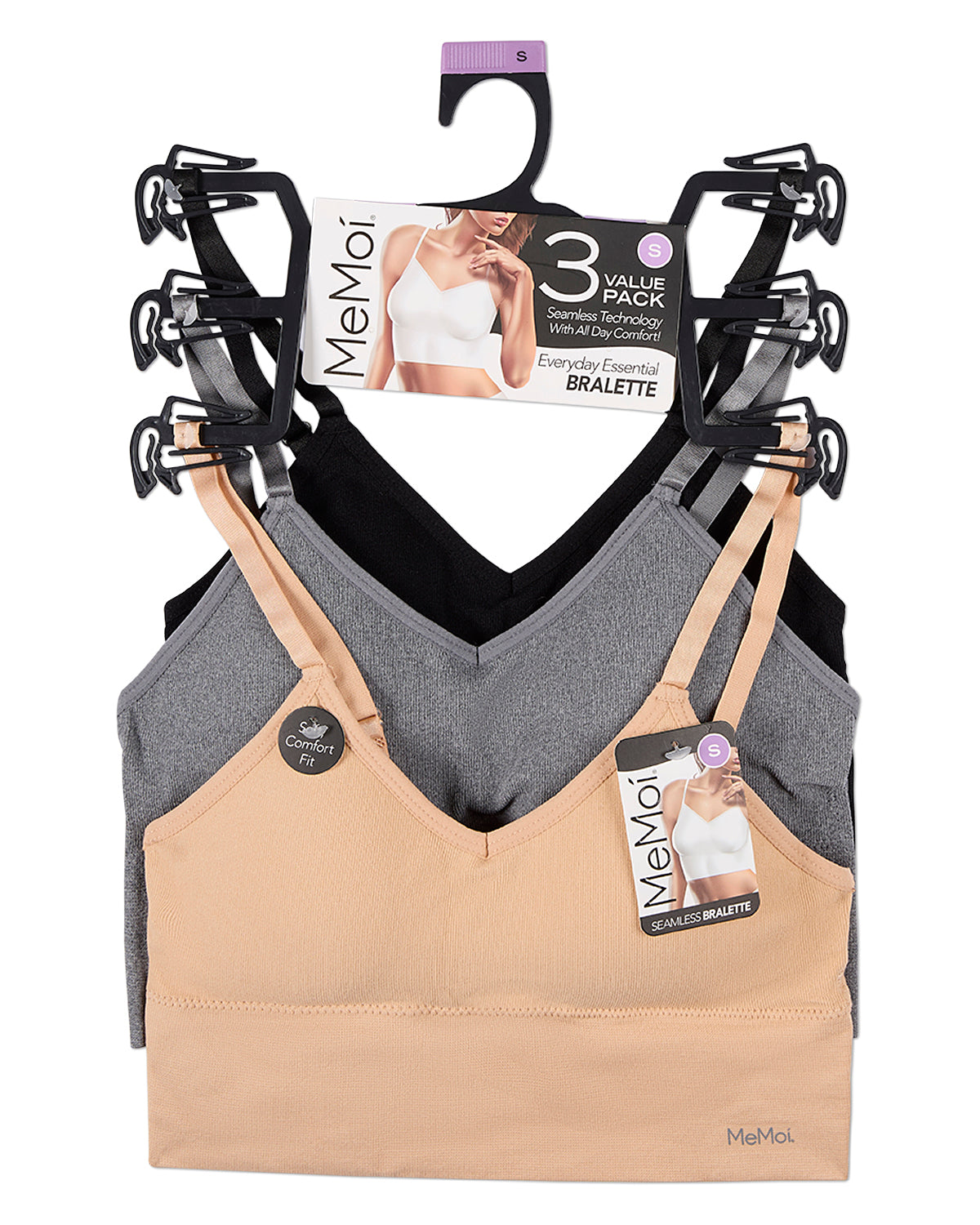 Women's 3 Pair Pack Seamless Long Line Bra : Color: Amberlight-Med Gray Heather-Black