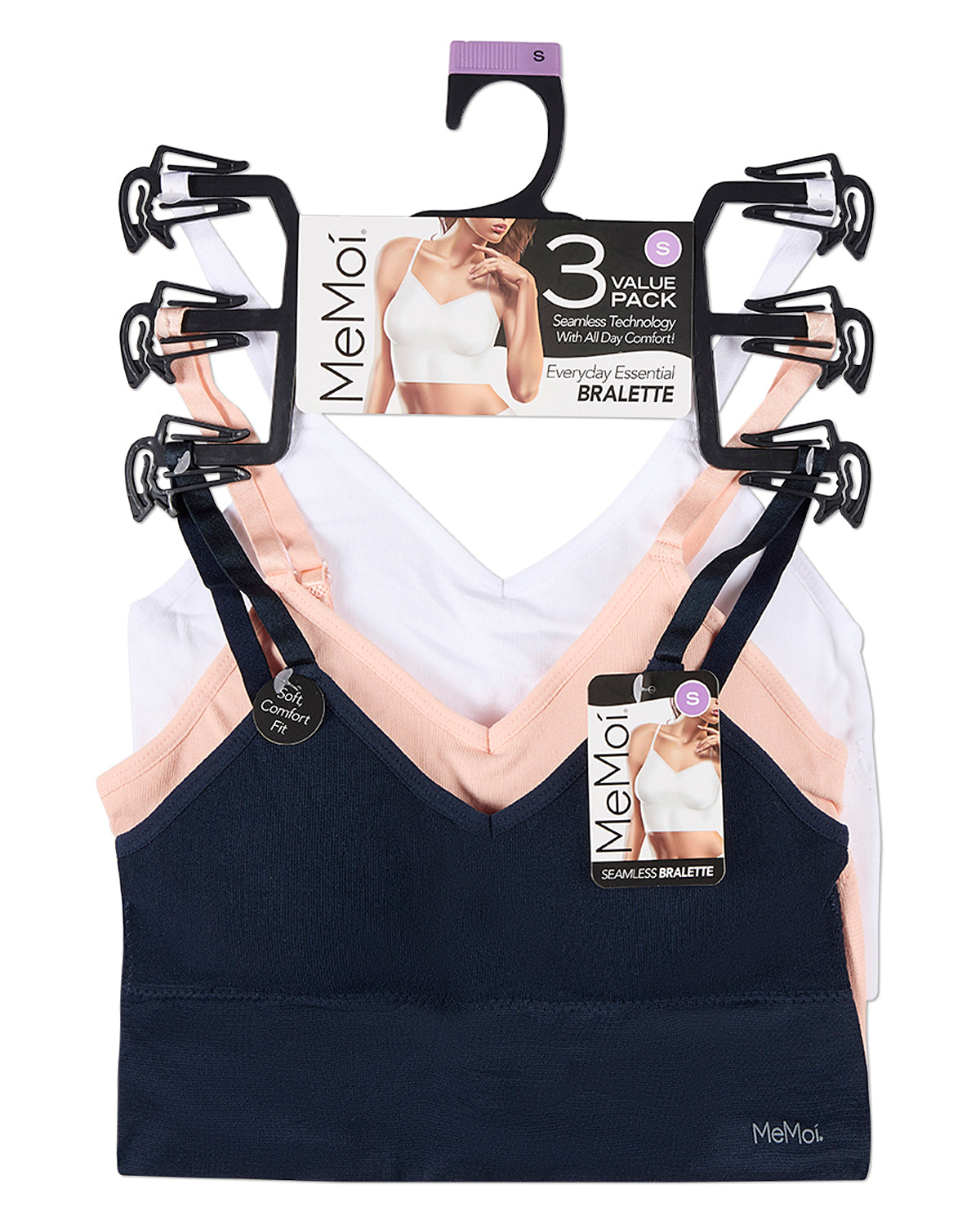 Women's 3 Pair Pack Seamless Long Line Bra : Color: Navy-Pale Blush-White