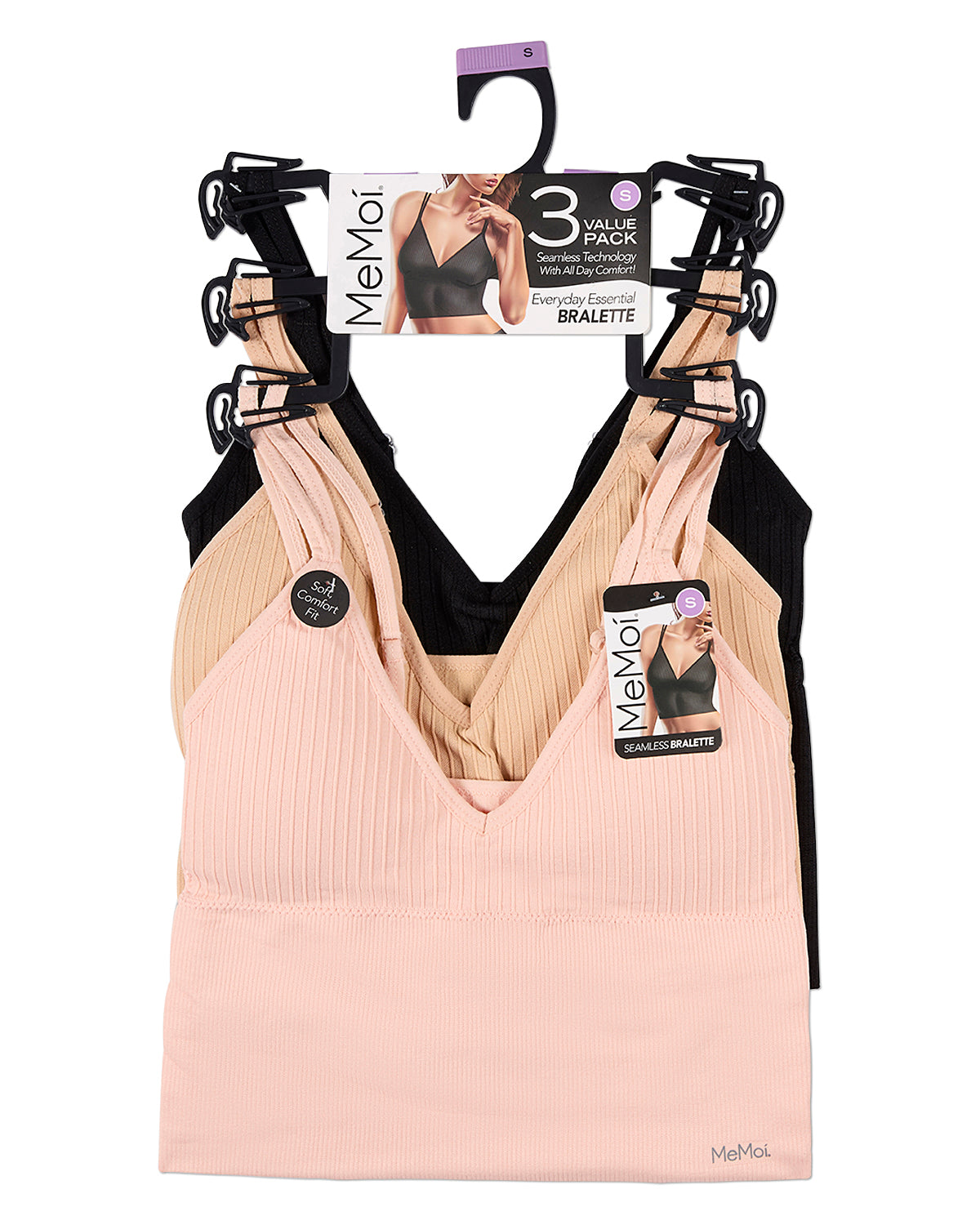 Women's 3 Pair Pack Seamless Long Line Double Strap Bra : Color: Pale Blush-Amberlight-Black