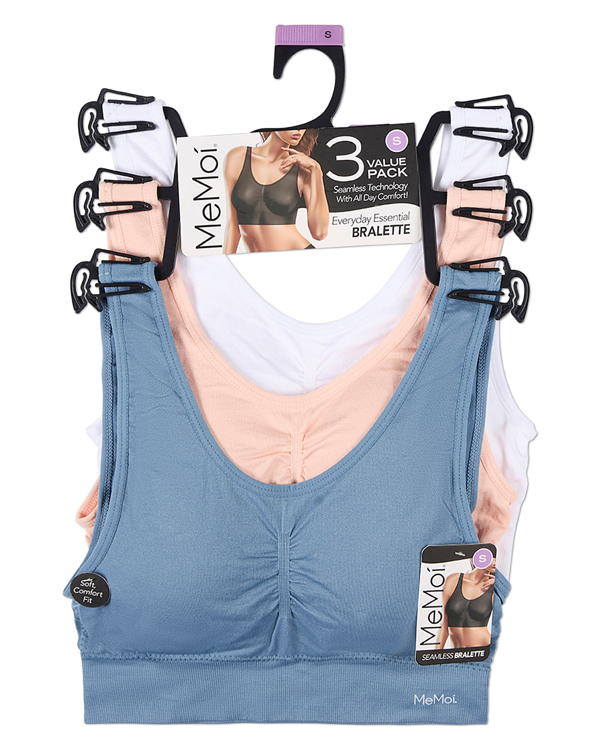 Women's 3 Pair Pack Seamless Classic Sports Bra : Color: Blue Shadow-Pale Blush-White