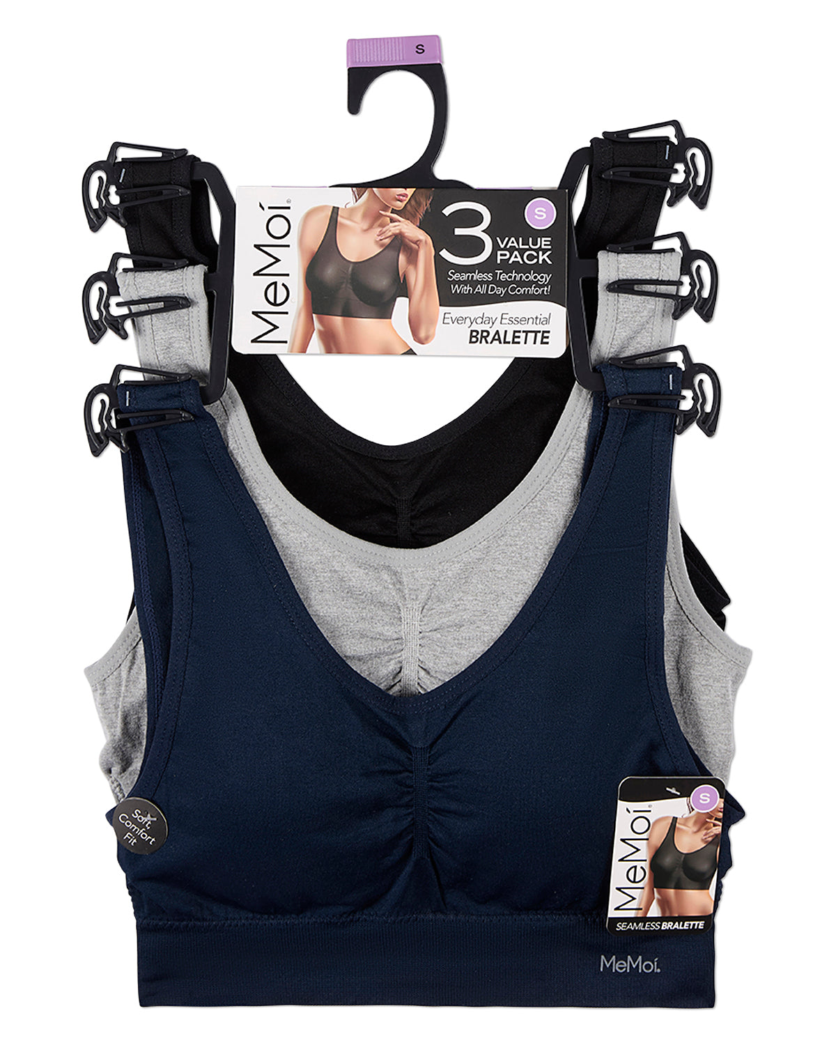 Women's 3 Pair Pack Seamless Classic Sports Bra : Color: Navy-Light Gray Heather-Black